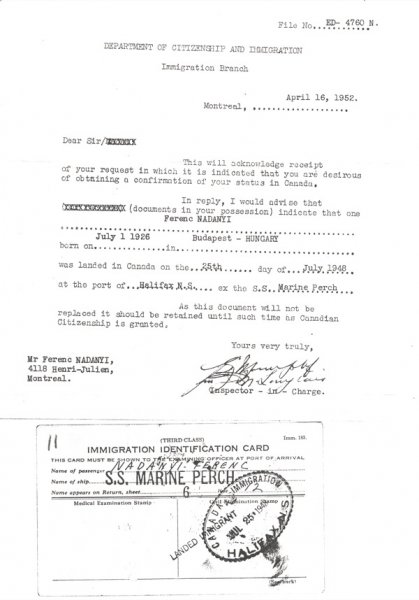 Document d’Eva Nadanyi, 1952. Citoyenneté et Immigration Canada. 