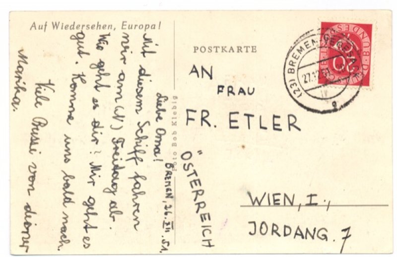 Dos d’une carte postale du S.S. Fairsea. Musée canadien de l’immigration du Quai 21 (DI2013.1366.2b).