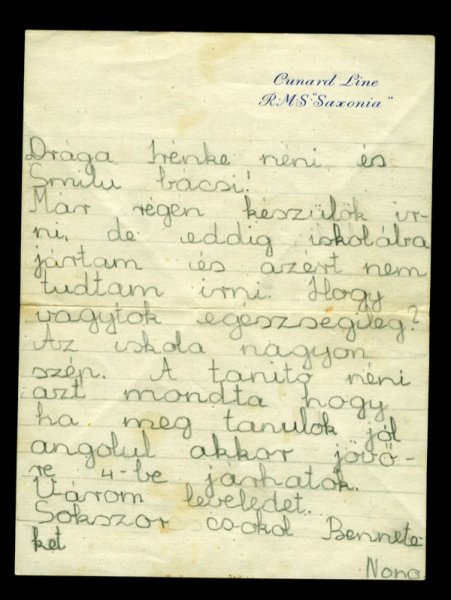 Lettre de Naomi Eisenberger, 1957. Origine inconnue.