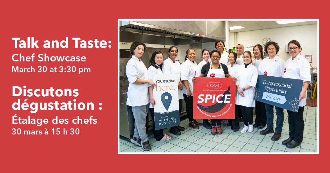 Renseignements sur l’événement à côté d’une photographie de plusieurs femmes de différentes races souriant dans des blousons de chef.