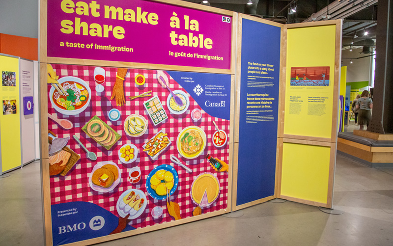 Panneau d'introduction à l'exposition avec la mention à la table placée au-dessus d'une illustration d'une nappe à carreaux avec des exemples d'aliments canadiens.