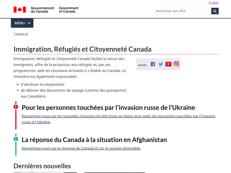 Immigration, Réfugiés et Citoyenneté Canada Home Page.
