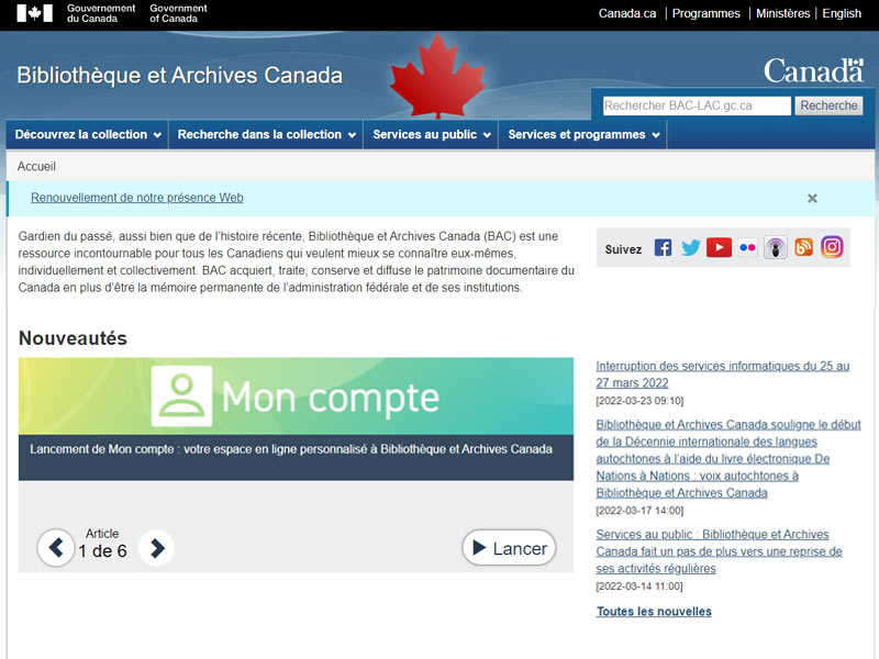 Bibliothèque et Archives Canada Home Page.