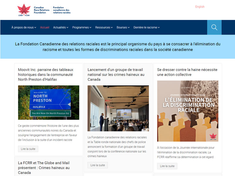 Fondation Canadienne des relations raciales Home Page.