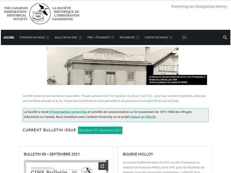 LA SOCIÉTÉ HISTORIQUE DE L’IMMIGRATION CANADIENNE Home Page.