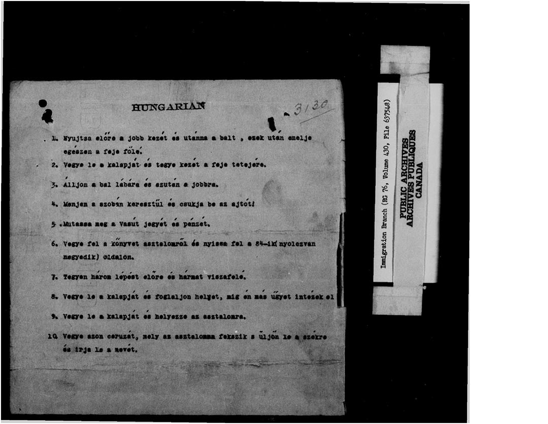 Une liste dactylographiée de dix déclarations, titrées et écrites en hongrois, avec les diacritiques corrigés notés à la main au-dessus du texte.