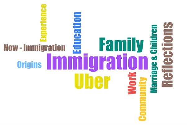 Nuage de mots basé sur les codes des entretiens avec treize mots de couleurs et de tailles différentes, immigration étant le mot le plus large.