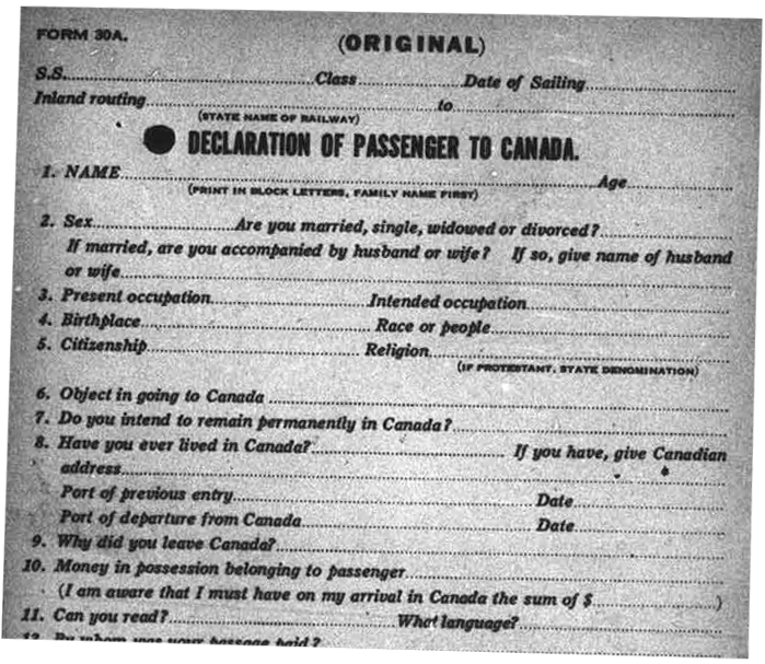 Formulaire de déclaration de passager au Canada, les questions portent sur le nom, l’âge, la profession, la capacité de lecture et la langue.