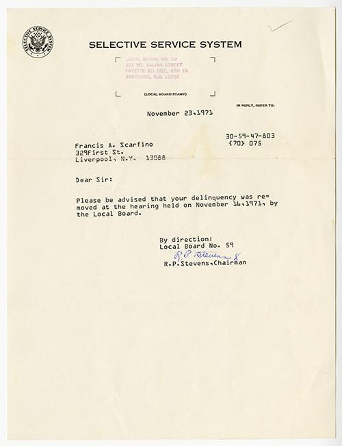 Lettre dactylographiée du Système de service sélectif.