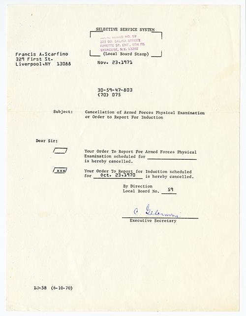 Autre lettre dactylographiée du Système de service sélectif.