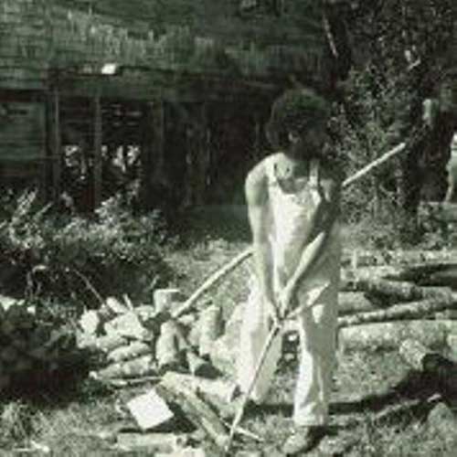 Un jeune homme avec une hache coupe du bois.
