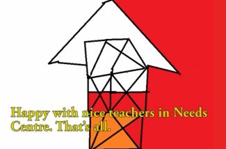 Dessin d’un enfant d’une maison aux couleurs rouge et jaune.