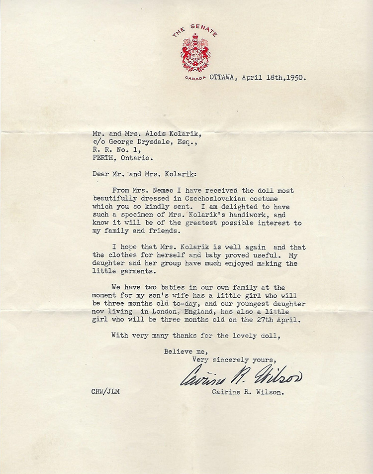 Lettre de remerciement pour la belle poupée Le logo du Sénat du Canada sur le dessus et la date et le lieu sur le côté droit.