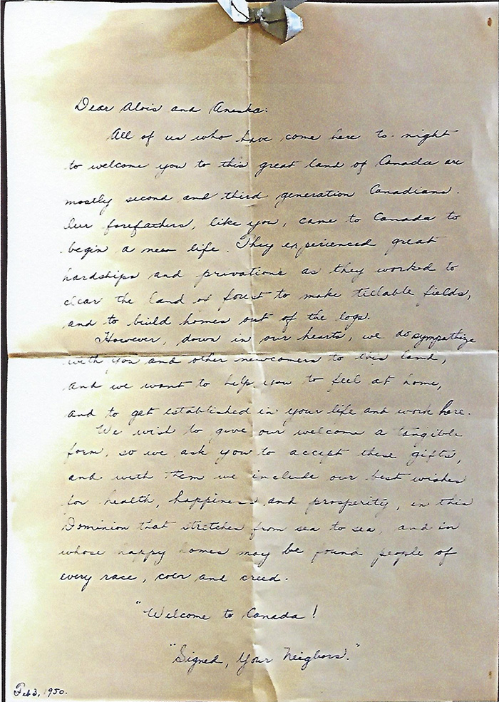Lettre manuscrite de bienvenue au Canada.