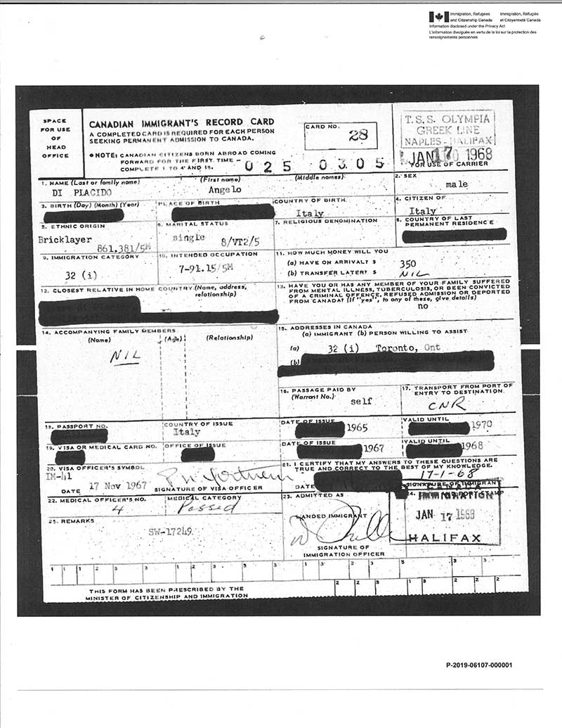 Vieille copie de la carte d’immigrant canadien.