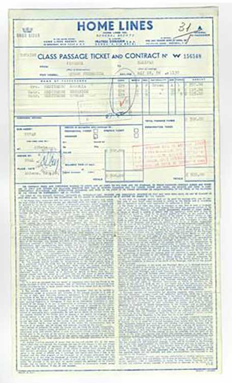 Document de voyage avec un navire de Home Lines.