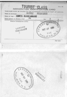 Page de passeport montrant des tampons et les Tourist Class (Classe touriste).