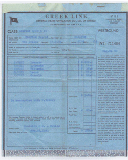 Document de voyage bleu avec les mots Greek Line en titre.