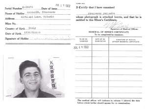Certificat de mineur avec photo de Francesco Sabbadin.