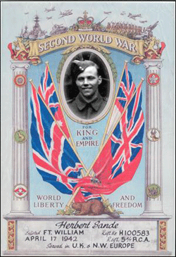 Portrait du jeune Herbert, superposé à une affiche haute en couleurs avec des drapeaux, des colonnes et des mots.