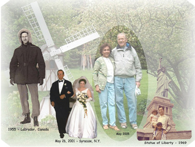 Collage en couleurs vives de Hank : jour de son mariage, visite de la statue de la Liberté, en manteau d’hiver.