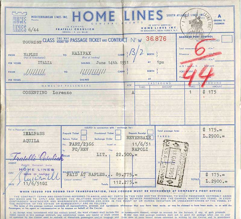 ocument de voyage estompé avec Home Lines écrit au sommet en bleu.