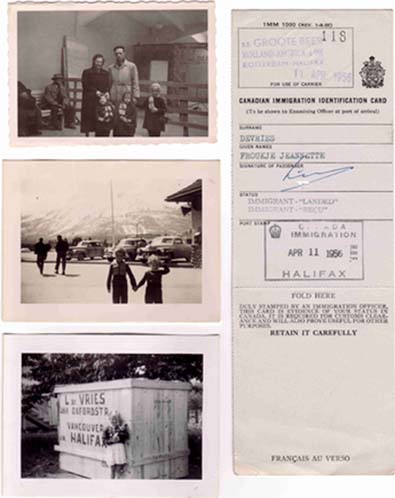 Photographies montrant la famille, la gare d’autobus de Banff, une boîte d’emballage et une carte d’identité.