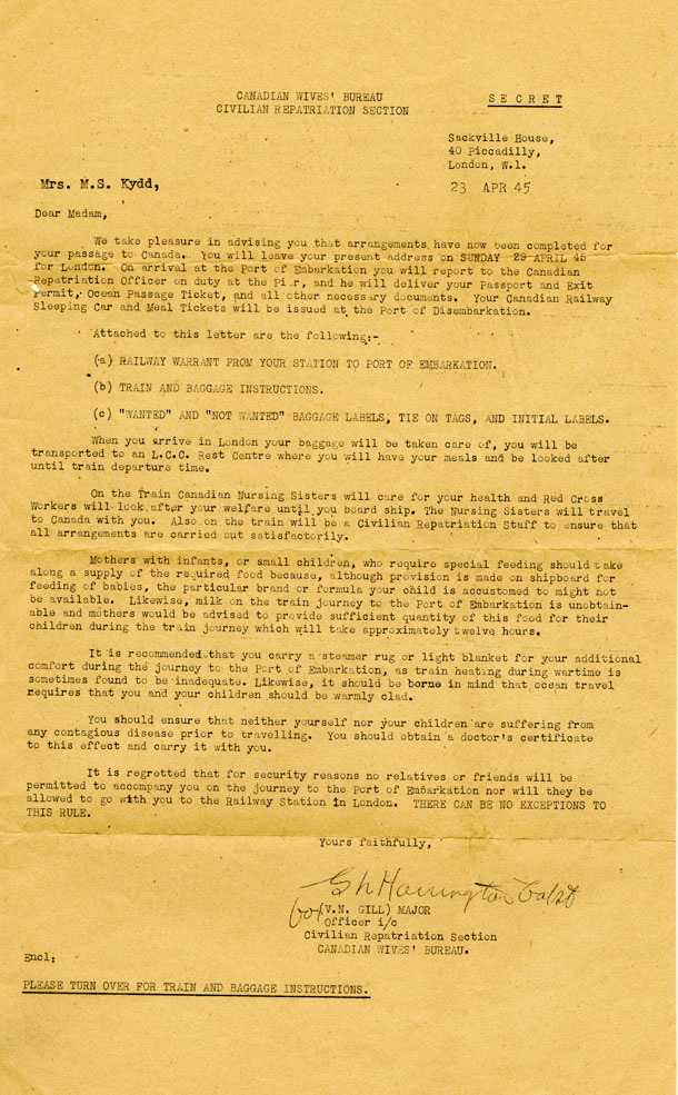 Lettre provenant du service de rapatriement civil du Canadian Wives’ Bureau.