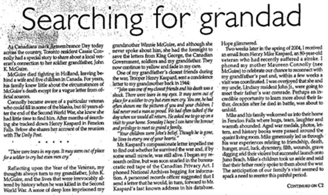 Coupure de journal avec titre Recherche de grand-père.