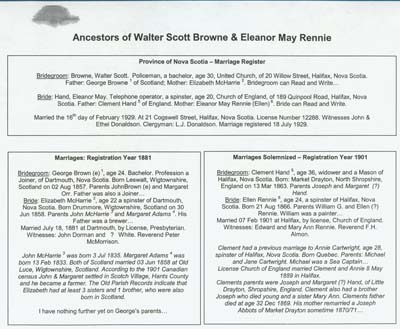 Lecture de documents Ancêtres de Walter Scott Browne et Eleanor May Rennie.